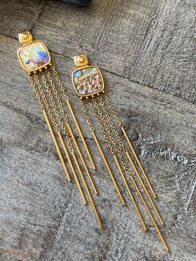 NEW Gold Iridescent Abalone Chain Tassel Dangle Earrings
